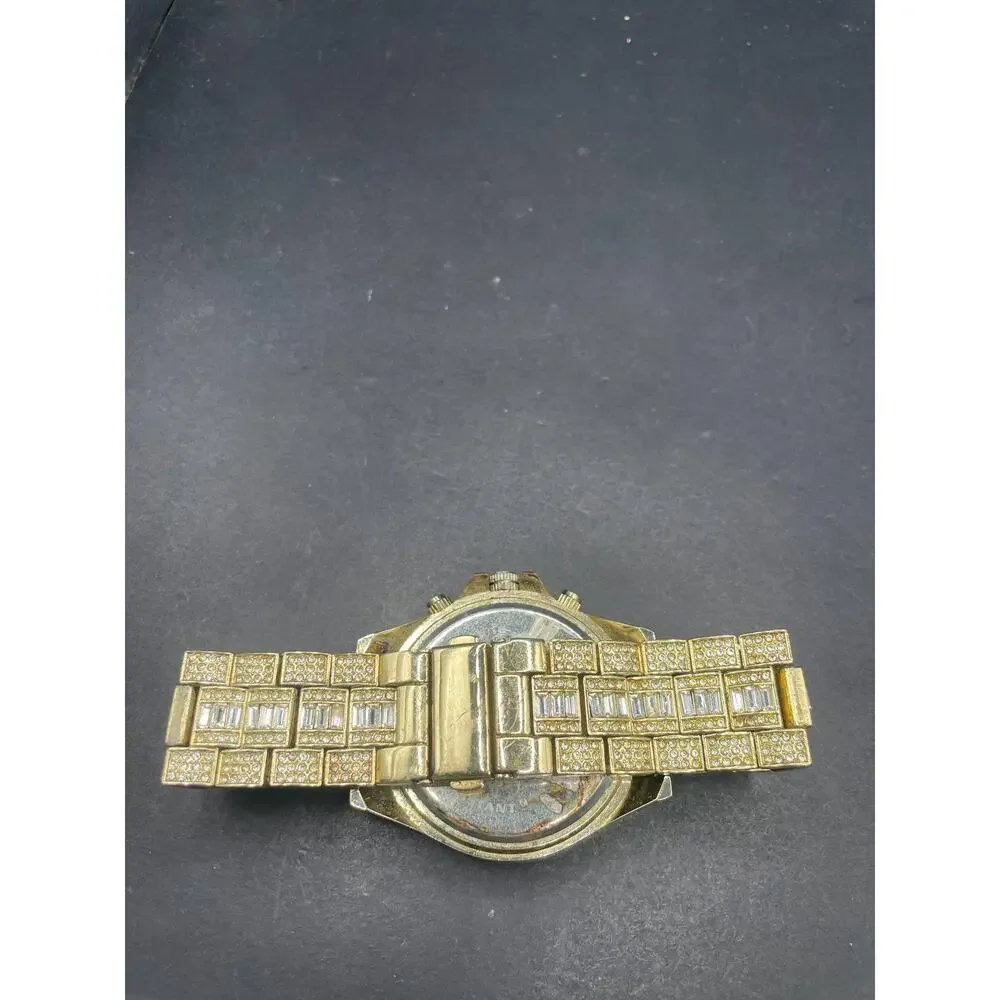 Techno Pave Mens Wristwatch Gold Tone Iced Out Rhinestone Red Dial Hip Hop Watch